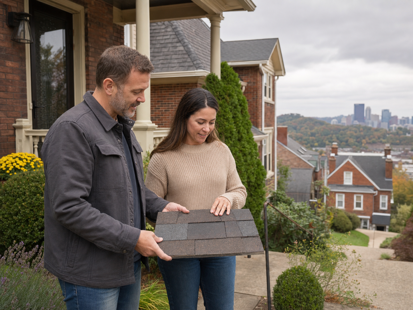 Local roofing professional reviewing shingle choices with a homeowner