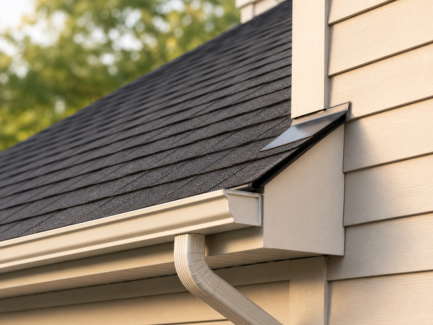 Close view of aligned shingles, flashing, fascia, and gutter workmanship